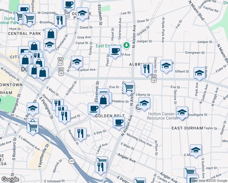 map of restaurants, bars, coffee shops, grocery stores, and more near 726 Liberty Street in Durham