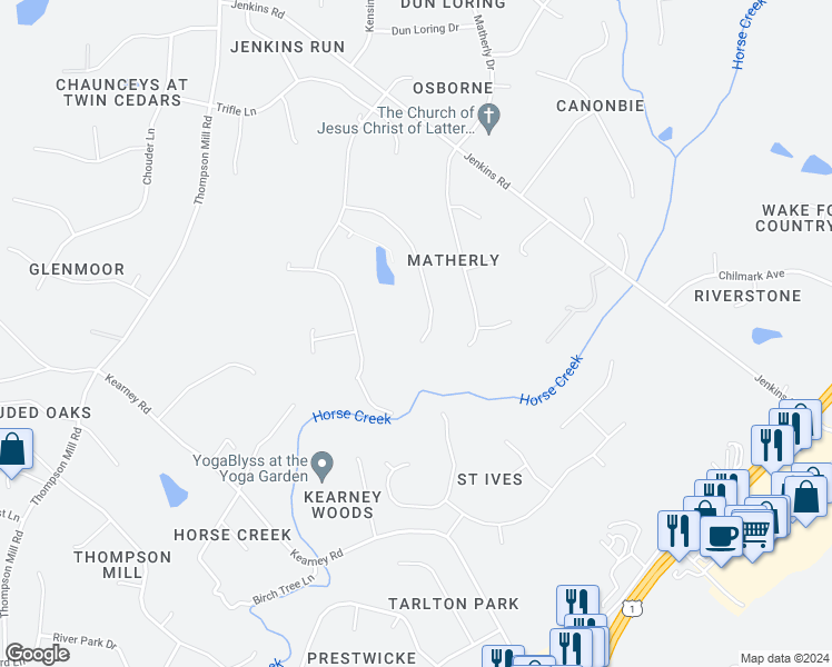 map of restaurants, bars, coffee shops, grocery stores, and more near 2960 Wexford Pond Way in Wake Forest