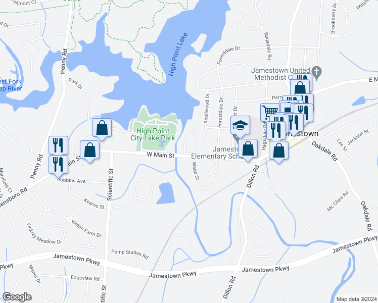map of restaurants, bars, coffee shops, grocery stores, and more near 504 West Main Street in Jamestown