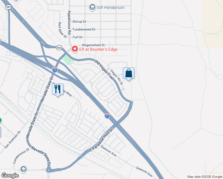 map of restaurants, bars, coffee shops, grocery stores, and more near 1580 Wild Willey Way in Henderson