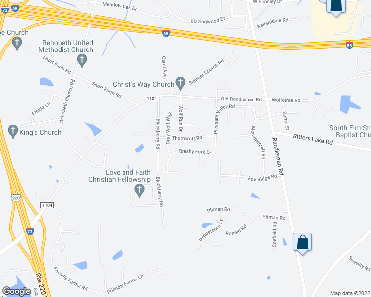 map of restaurants, bars, coffee shops, grocery stores, and more near 1012 Brushy Fork Drive in Greensboro