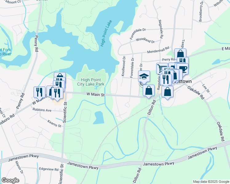 map of restaurants, bars, coffee shops, grocery stores, and more near 500 West Main Street in Jamestown