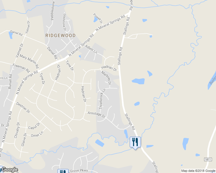 map of restaurants, bars, coffee shops, grocery stores, and more near 5717 Thistlerock Lane in Durham