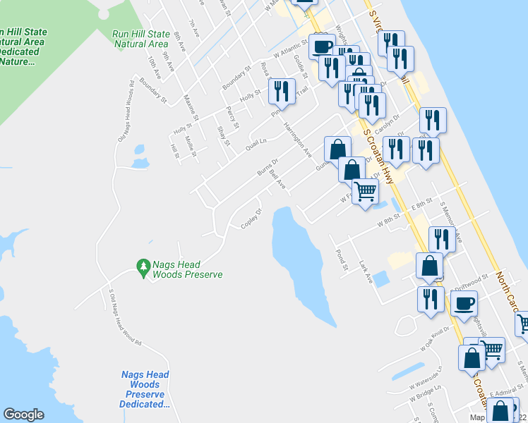 map of restaurants, bars, coffee shops, grocery stores, and more near 513 Copley Dr in Kill Devil Hills