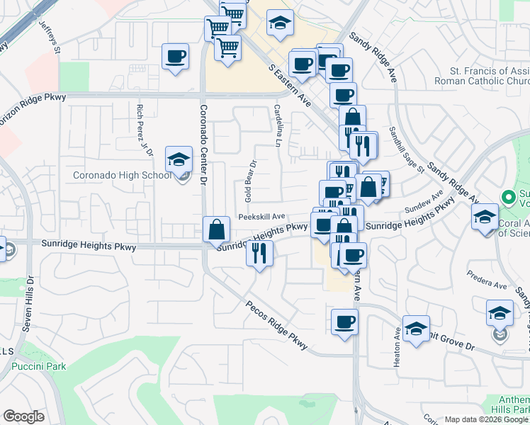 map of restaurants, bars, coffee shops, grocery stores, and more near 2708 Kona Crest Avenue in Henderson