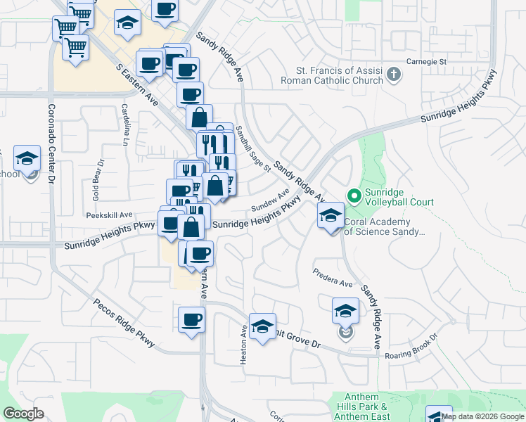 map of restaurants, bars, coffee shops, grocery stores, and more near 2555 Sundew Avenue in Henderson
