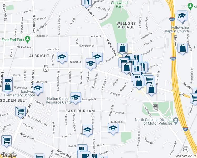 map of restaurants, bars, coffee shops, grocery stores, and more near 1503 Lathrop Street in Durham