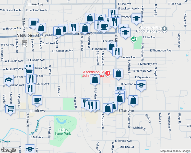 map of restaurants, bars, coffee shops, grocery stores, and more near 500 South Linden Street in Sapulpa