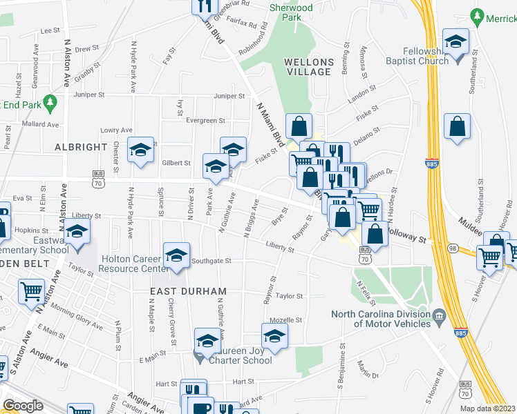 map of restaurants, bars, coffee shops, grocery stores, and more near 806 North Briggs Avenue in Durham