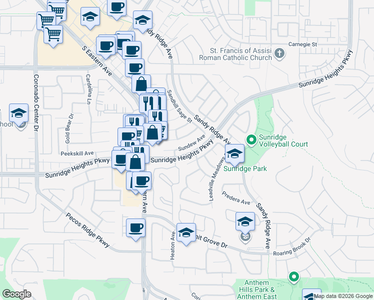 map of restaurants, bars, coffee shops, grocery stores, and more near 992 Upper Meadows Place in Henderson