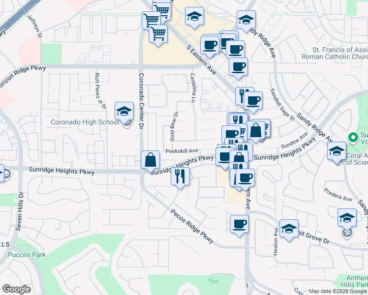 map of restaurants, bars, coffee shops, grocery stores, and more near 2708 Kona Crest Avenue in Henderson