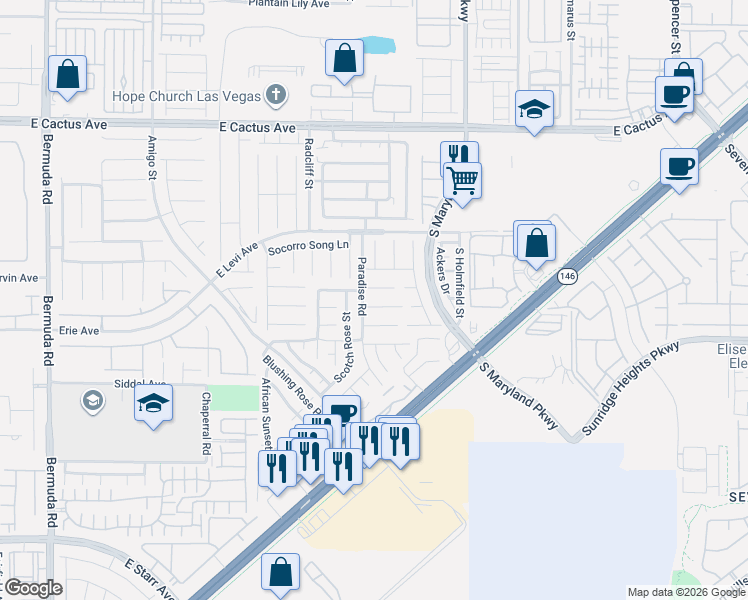 map of restaurants, bars, coffee shops, grocery stores, and more near 10865 Paradise Road in Henderson