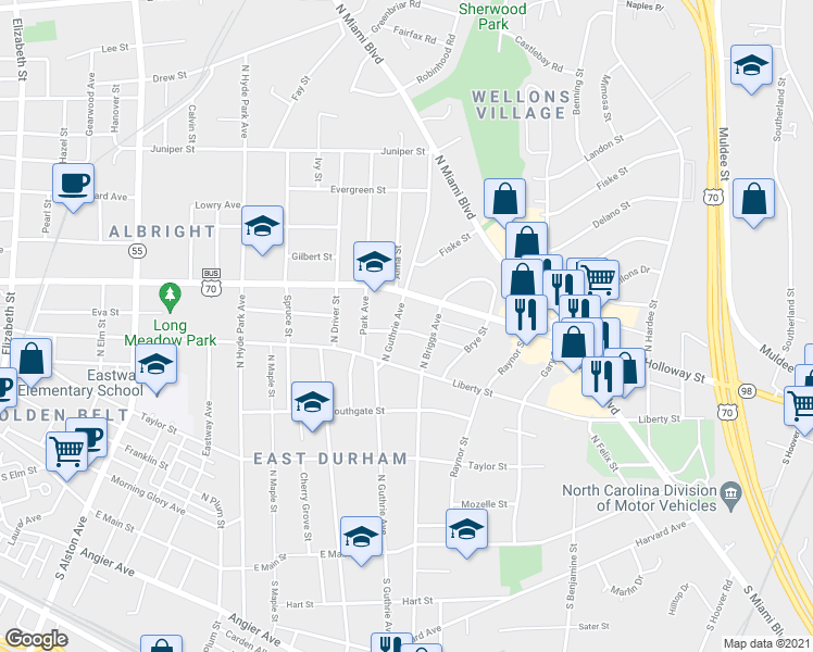 map of restaurants, bars, coffee shops, grocery stores, and more near 705 North Guthrie Avenue in Durham