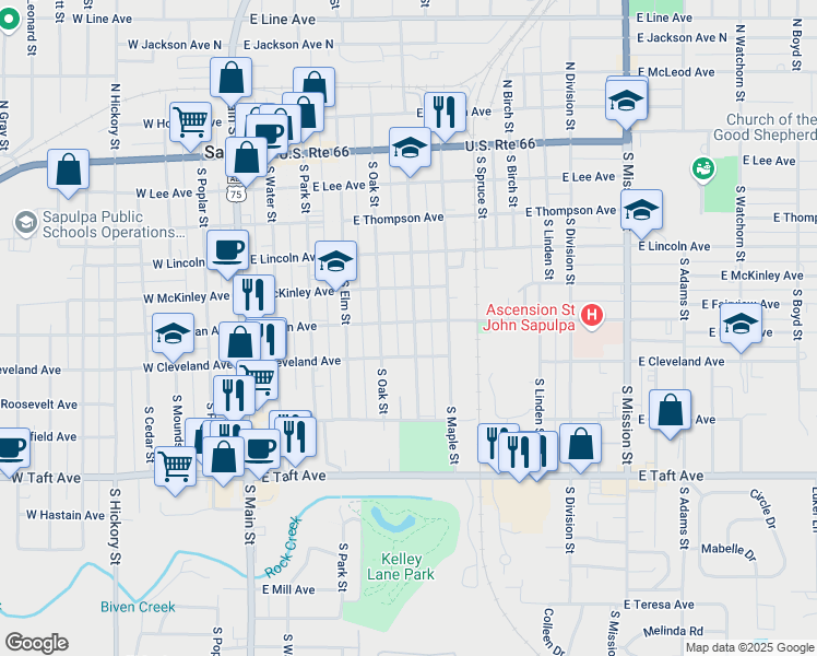 map of restaurants, bars, coffee shops, grocery stores, and more near 517 South Oak Street in Sapulpa
