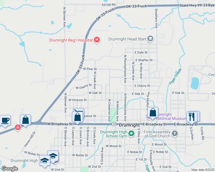 map of restaurants, bars, coffee shops, grocery stores, and more near 505 North Cimarron Avenue in Drumright