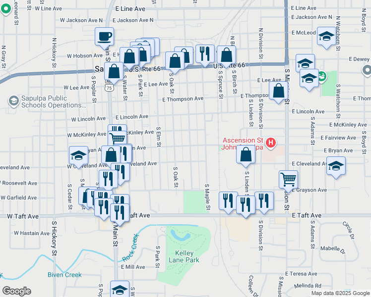 map of restaurants, bars, coffee shops, grocery stores, and more near 517 South Oak Street in Sapulpa