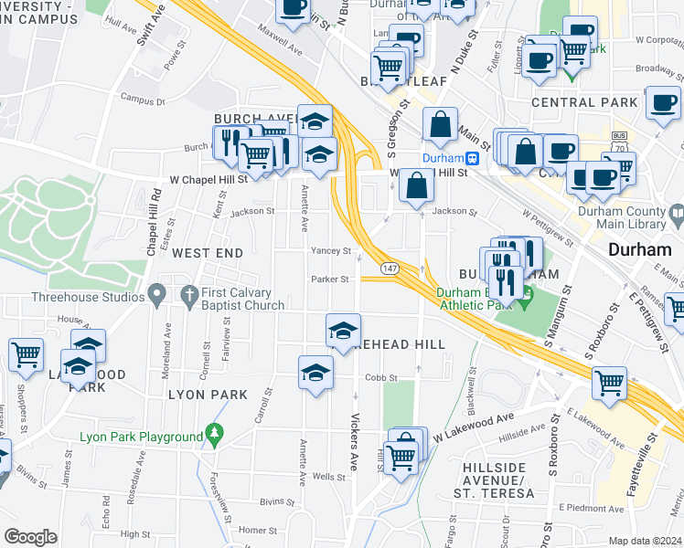 map of restaurants, bars, coffee shops, grocery stores, and more near 708 Parker Street in Durham
