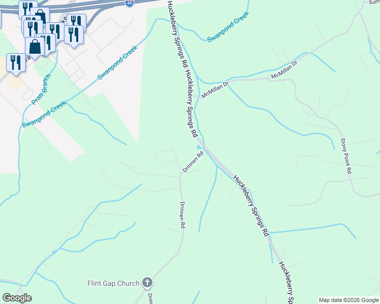 map of restaurants, bars, coffee shops, grocery stores, and more near 1601 Drinnen Road in Knoxville