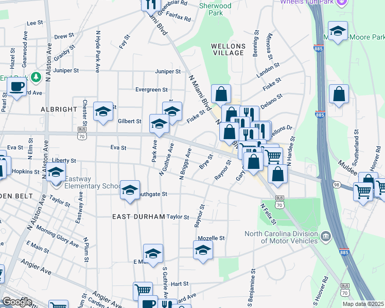 map of restaurants, bars, coffee shops, grocery stores, and more near 806 North Briggs Avenue in Durham