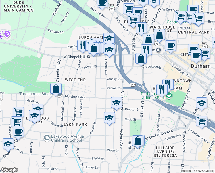 map of restaurants, bars, coffee shops, grocery stores, and more near 904 Shepherd Street in Durham