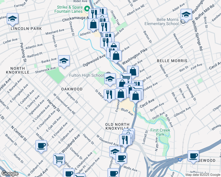 map of restaurants, bars, coffee shops, grocery stores, and more near 2509 North Broadway in Knoxville