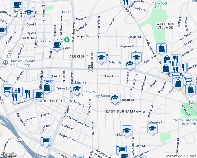 map of restaurants, bars, coffee shops, grocery stores, and more near 706 North Hyde Park Avenue in Durham