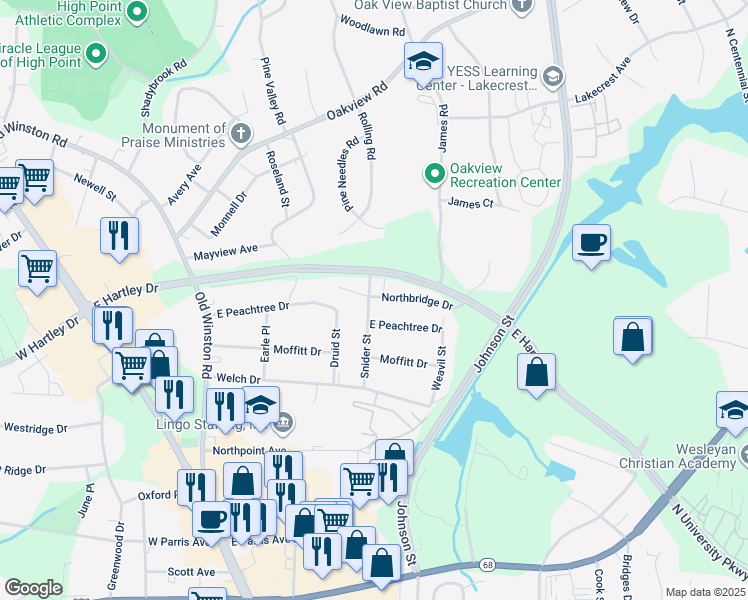 map of restaurants, bars, coffee shops, grocery stores, and more near 397 Northbridge Drive in High Point