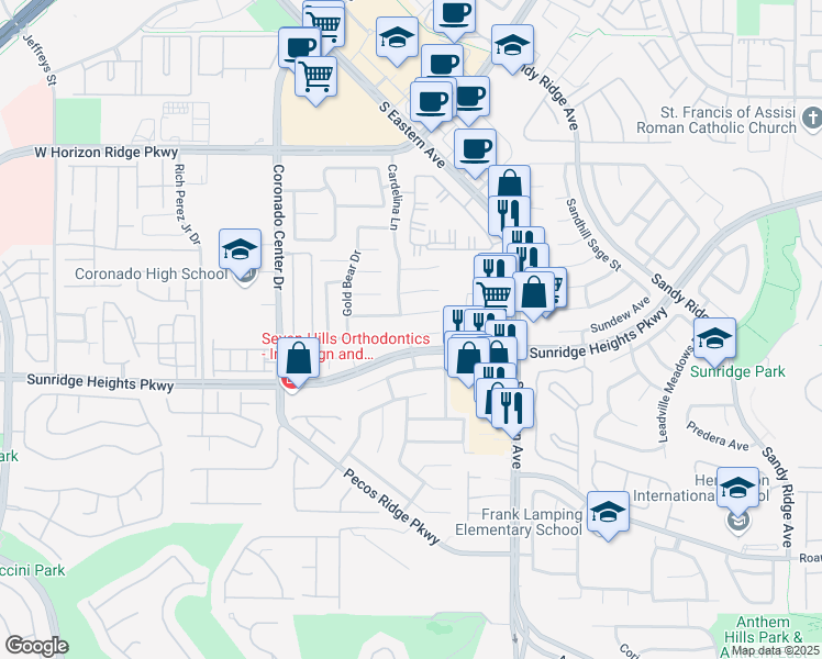 map of restaurants, bars, coffee shops, grocery stores, and more near 2712 Peekskill Avenue in Henderson