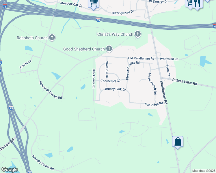map of restaurants, bars, coffee shops, grocery stores, and more near 1014 Brushy Fork Drive in Greensboro