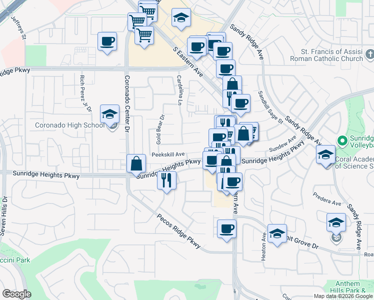 map of restaurants, bars, coffee shops, grocery stores, and more near 2712 Peekskill Avenue in Henderson