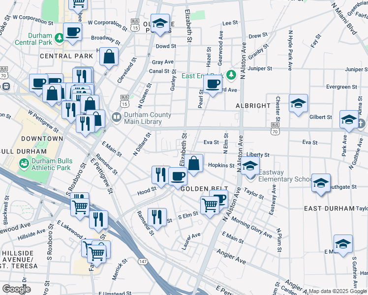 map of restaurants, bars, coffee shops, grocery stores, and more near 223 North Elizabeth Street in Durham