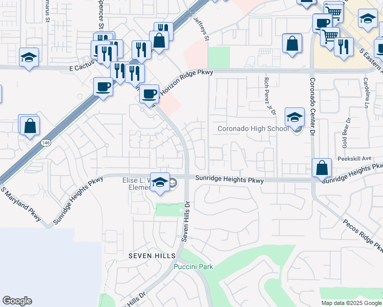 map of restaurants, bars, coffee shops, grocery stores, and more near 950 Seven Hills Drive in Henderson