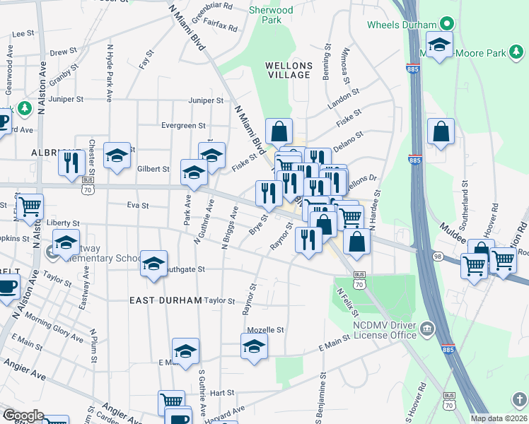 map of restaurants, bars, coffee shops, grocery stores, and more near 1613 Lathrop Street in Durham