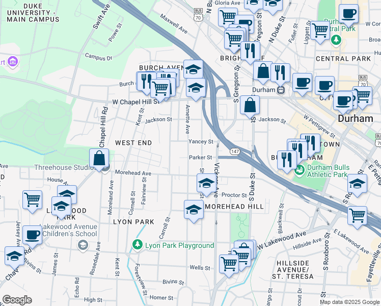 map of restaurants, bars, coffee shops, grocery stores, and more near 904 Shepherd Street in Durham