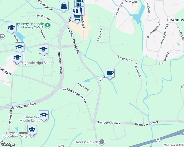 map of restaurants, bars, coffee shops, grocery stores, and more near 4312-4398 Guilford College Road in Greensboro