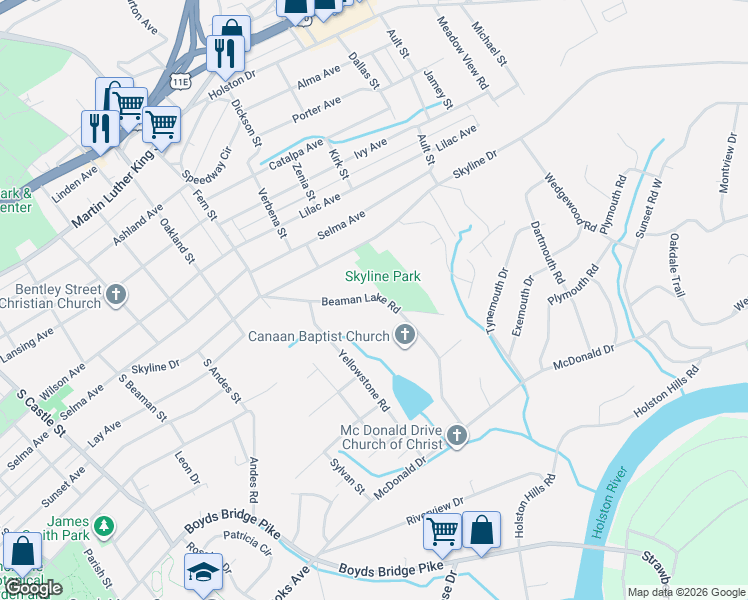 map of restaurants, bars, coffee shops, grocery stores, and more near 1109 Beaman Lake Road in Knoxville