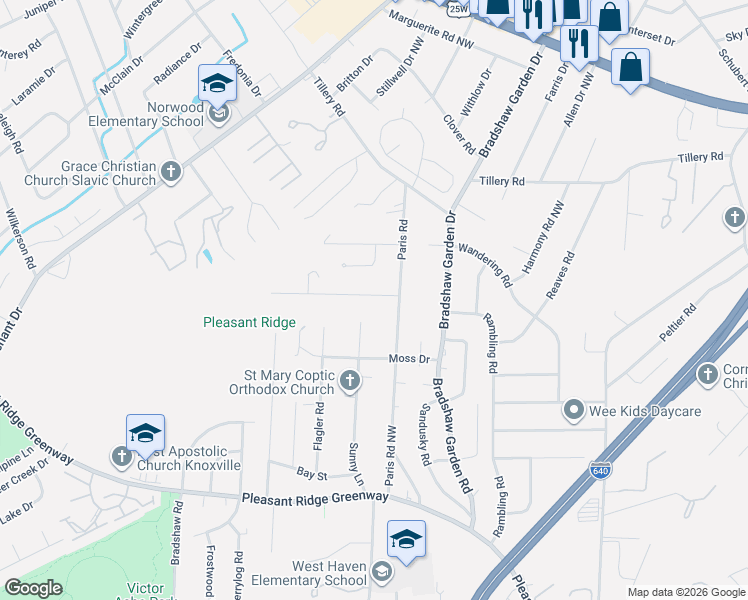 map of restaurants, bars, coffee shops, grocery stores, and more near 1707 Sunny Lane in Knoxville