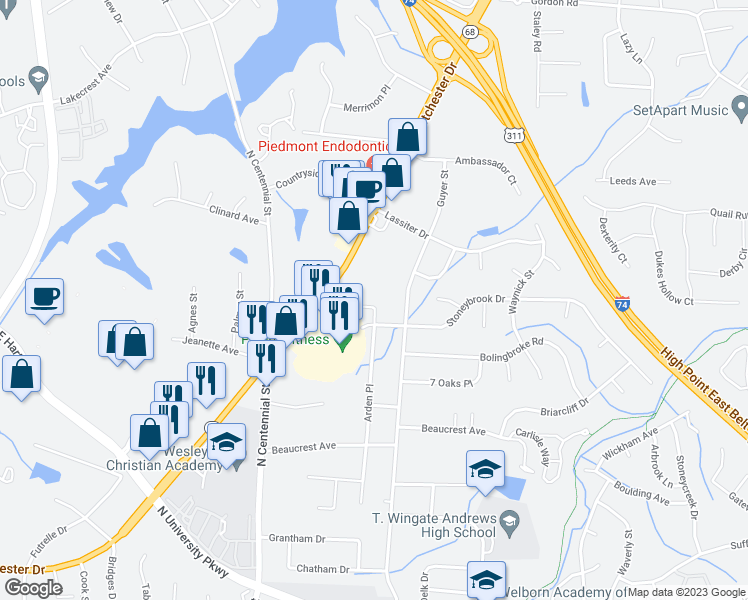 map of restaurants, bars, coffee shops, grocery stores, and more near 2110 Arden Place in High Point