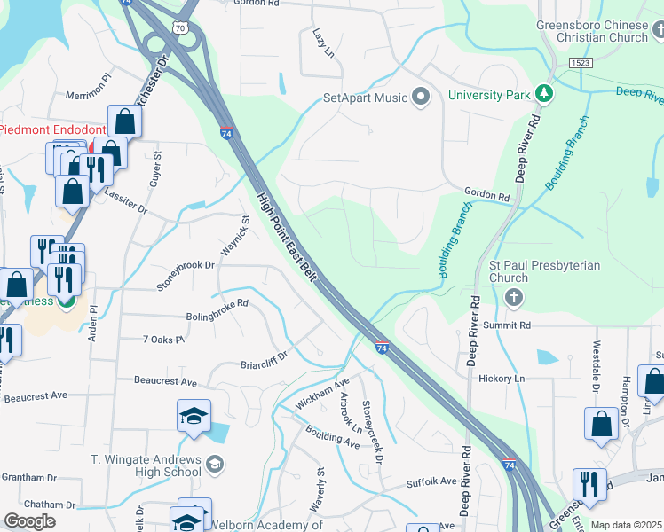 map of restaurants, bars, coffee shops, grocery stores, and more near 1733 Stoneybrook Drive in High Point