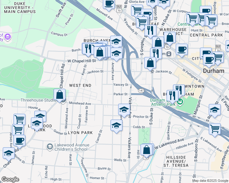 map of restaurants, bars, coffee shops, grocery stores, and more near 904 Shepherd Street in Durham