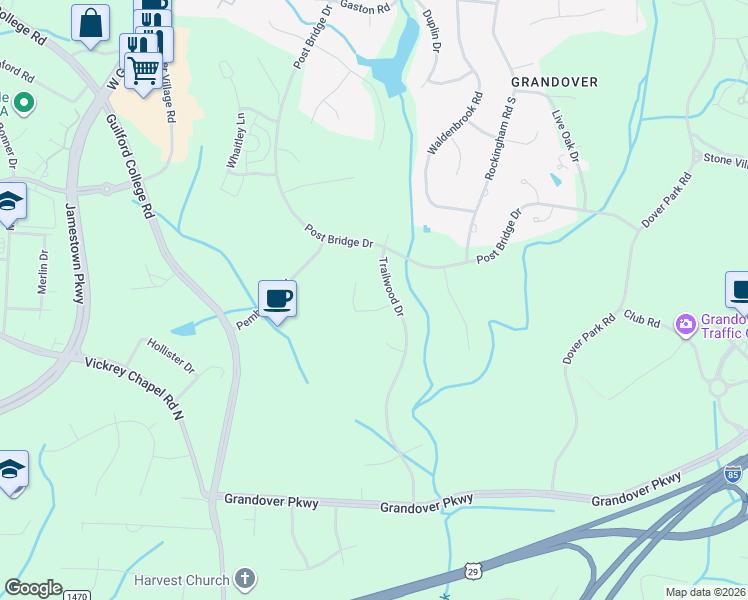 map of restaurants, bars, coffee shops, grocery stores, and more near 5003 Millburn Drive in Greensboro