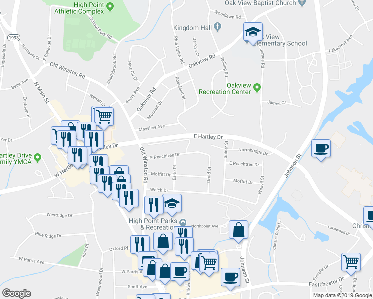 map of restaurants, bars, coffee shops, grocery stores, and more near 3000 Sunview Avenue in High Point