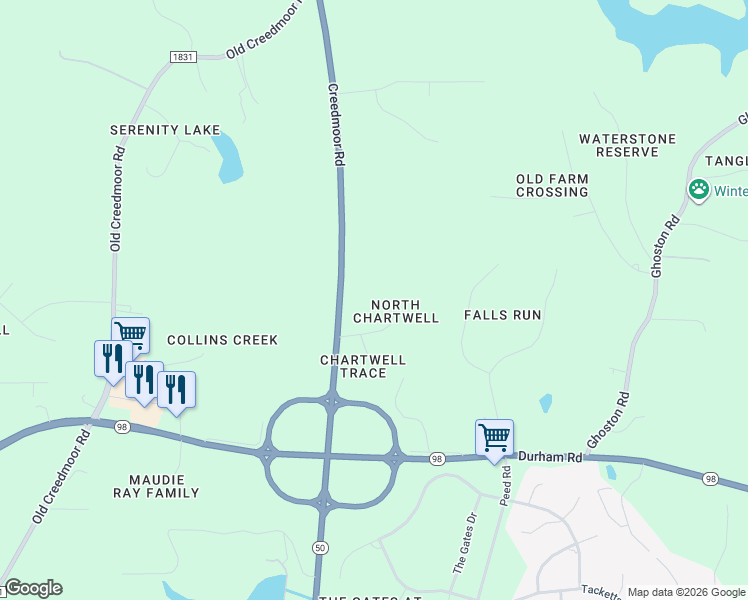 map of restaurants, bars, coffee shops, grocery stores, and more near 1232 Westerham Drive in Wake Forest