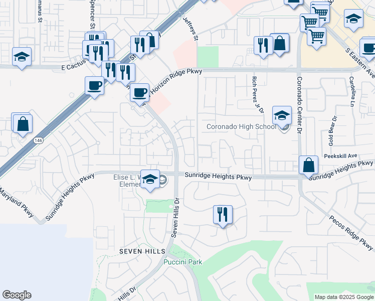 map of restaurants, bars, coffee shops, grocery stores, and more near 950 Seven Hills Drive in Henderson