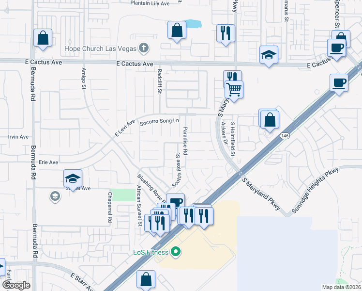 map of restaurants, bars, coffee shops, grocery stores, and more near 10808 Scotch Rose Street in Henderson