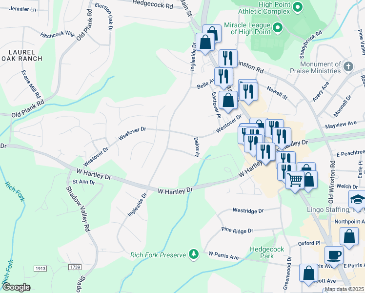 map of restaurants, bars, coffee shops, grocery stores, and more near 2808 Ingleside Drive in High Point
