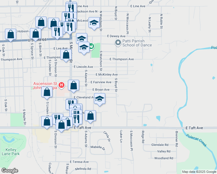 map of restaurants, bars, coffee shops, grocery stores, and more near 1335 East Fairview Avenue in Sapulpa