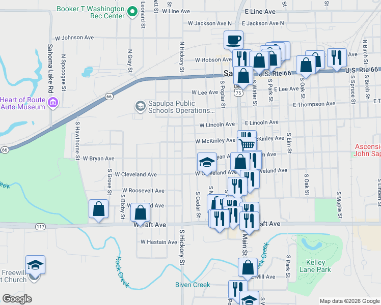 map of restaurants, bars, coffee shops, grocery stores, and more near 310 West McKinley Avenue in Sapulpa
