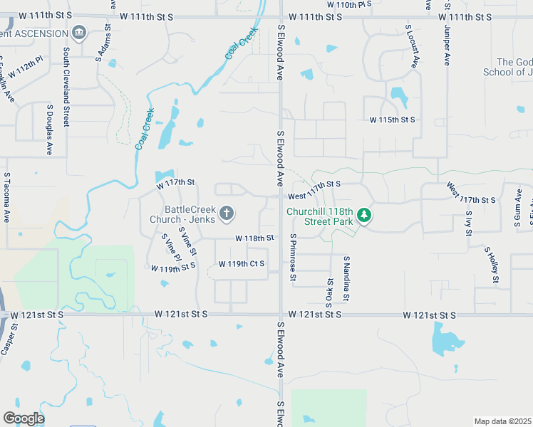 map of restaurants, bars, coffee shops, grocery stores, and more near 1802 West 117th Street South in Jenks