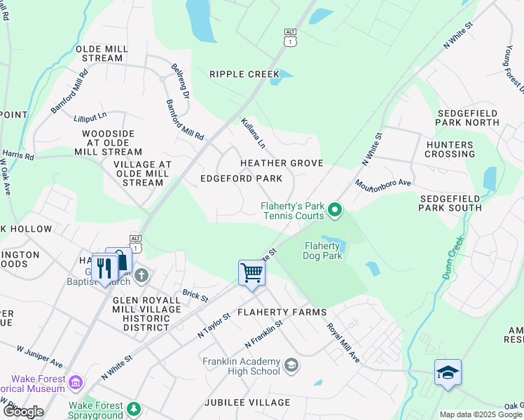 map of restaurants, bars, coffee shops, grocery stores, and more near 1017 Winter Bloom Court in Wake Forest